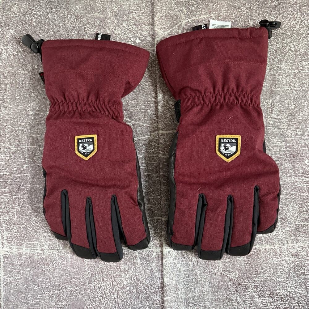 Men's Hestra Army Leather Maroon Red Black Heli 5 Finger Winter Ski Gloves Sz 10